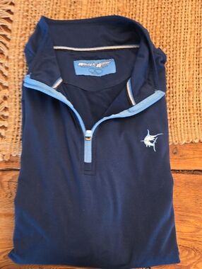 Mens WhiteWater Navy Blue Quarter-Zip Top with Light Blue Trim